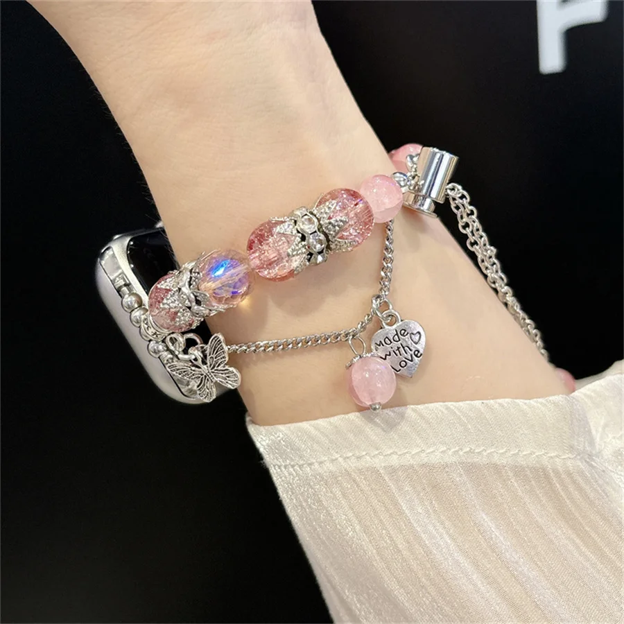 New Women\'s Personalized Creative Crystal Stone Fantasy Butterfly Glass Ornament Watch Strap Compatible with Apple Watch 49mm 45