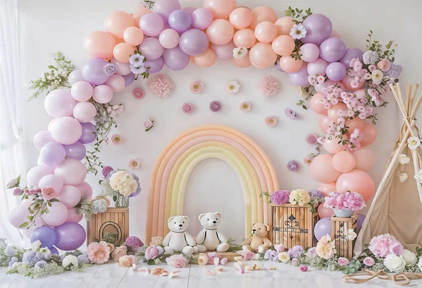 Mehofond Photography Background Boho Rainbow Balloon Bear Kids Birthday Party Cake Smash Portrait Decor Backdrop Photo Studio