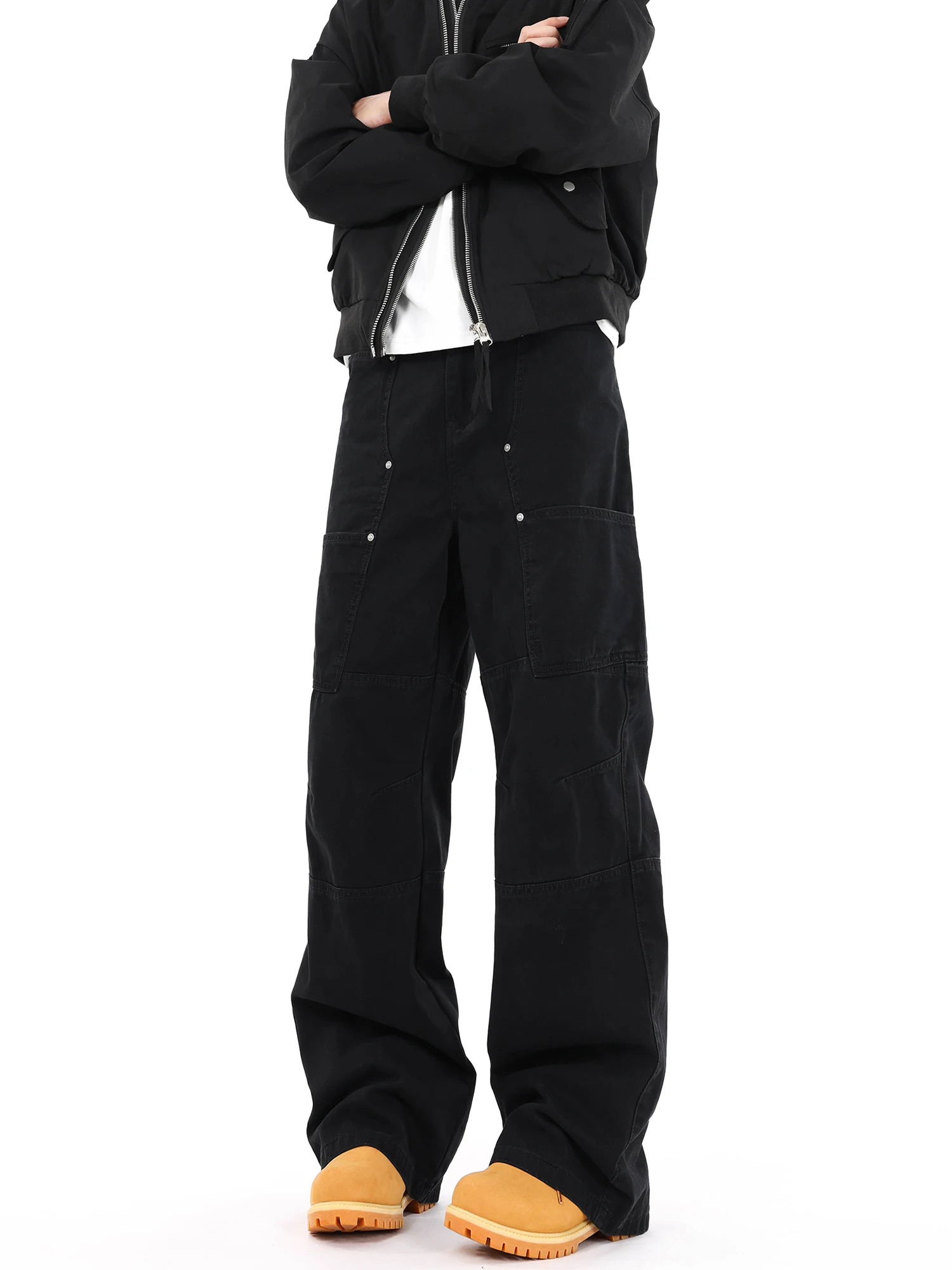 

Vintage Distred Bla Wide Leg Workwear Pants Men's Straight Cut Slimming Casual Trousers Spring Autumn High Street Sle