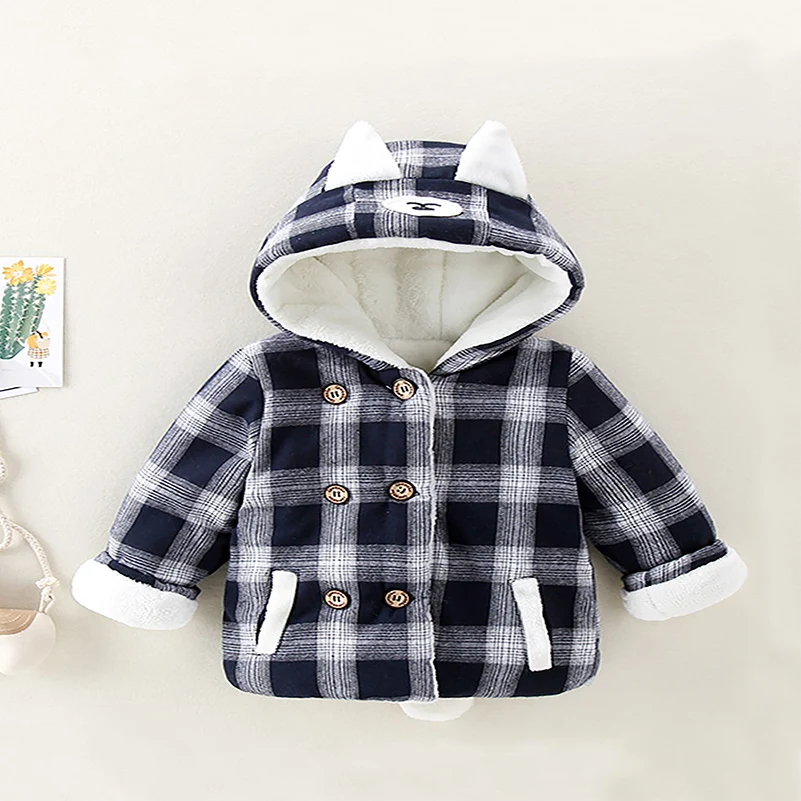 Autumn and Winter Boys 2024 Fashion Big Plaid Little Bear Ear Hoodie Thickened Cotton Clothes for Boys 2-6 Years Old