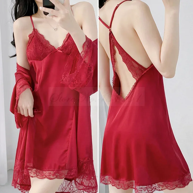 Sexy Lace Backless Suspender Nightgown Female Twinset Robe Set Sleepwear Homewear Bathrobe Intimate Lingerie Summer Ice Silk