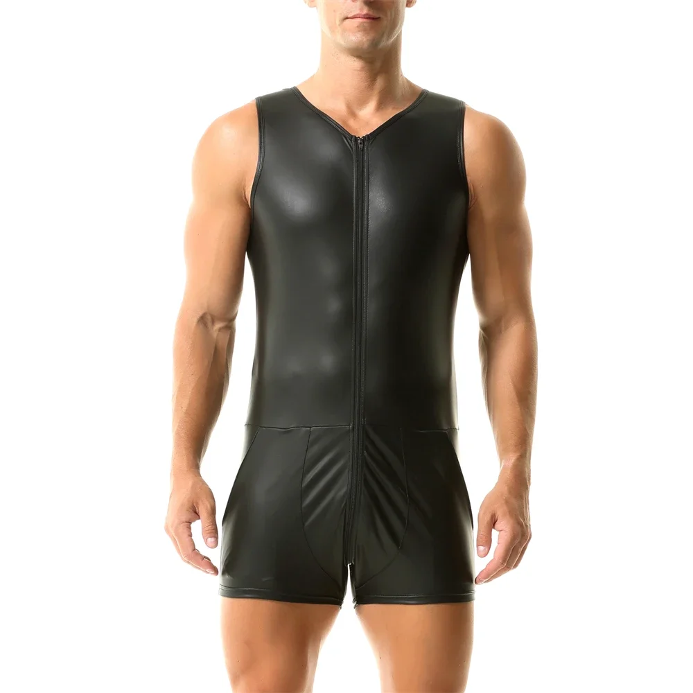 Body Sexy en Faux cuir pour hommes, Slim, avec poches, Singlet de lutte, combinaison sans manches, fermeture éclair, justaucorps, vêtements de club de danse