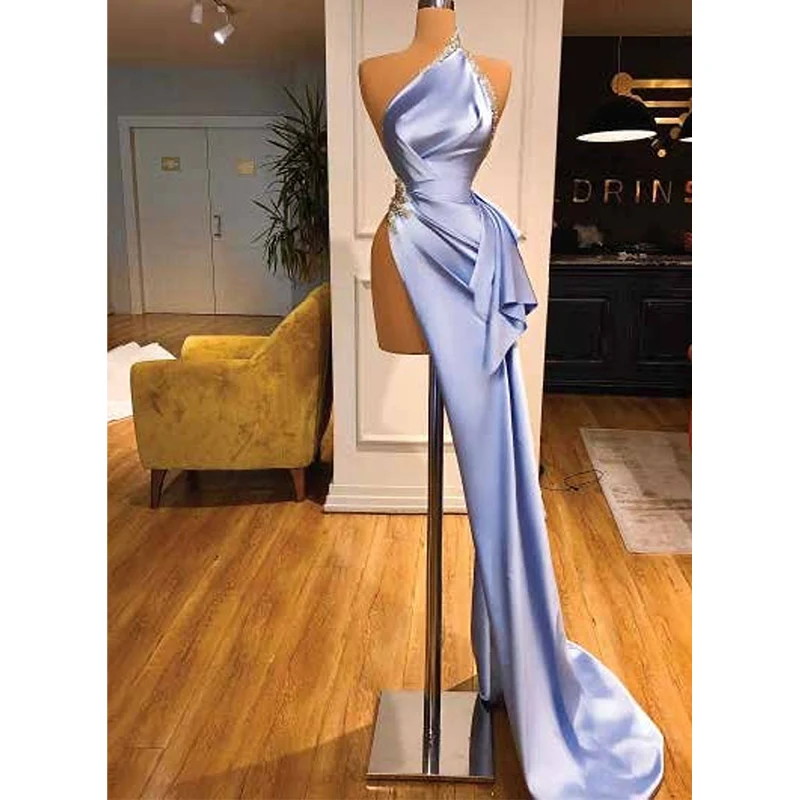 Sexy Evening Gowns For Women High Neck Floor-Length Beading Prom Dresses Simple Soft Satin Custom Made Vestidos De Gala