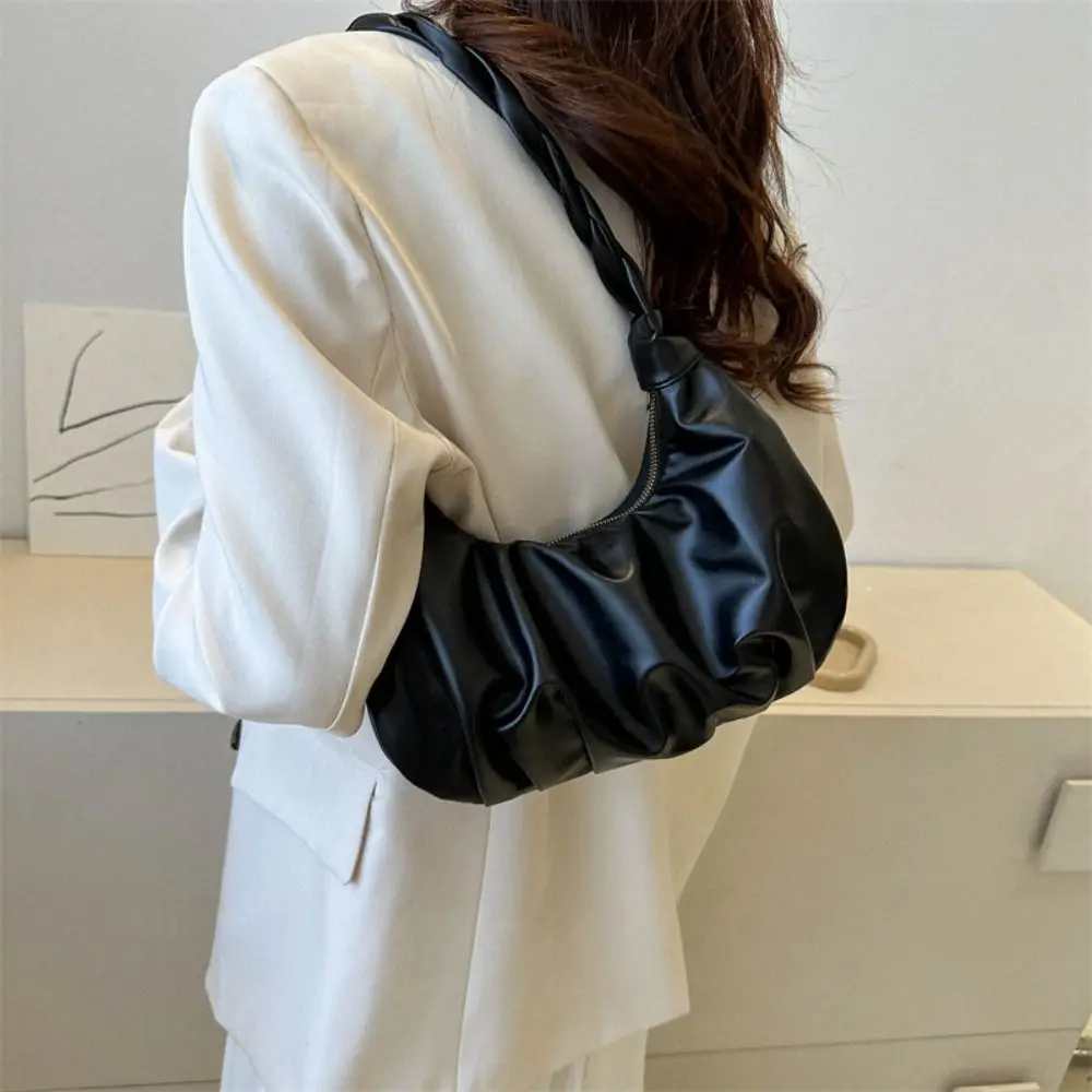 

Sweet Solid Color PU Pleated Shoulder Bag Square Mini Dumplings Shoulder Bag Portable Underarm Fashion Handbag Girls