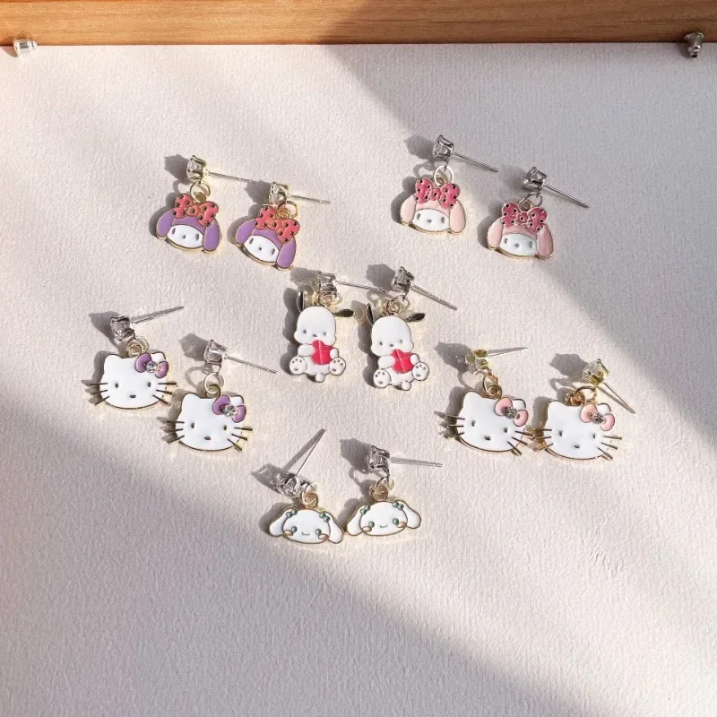 1 Pair Sanrio Cartoon Anime Hello Kitty Earrings – Cute Kuromi, Melody, Pacha, Cinnamoroll Silver Needle Earrings for Girls