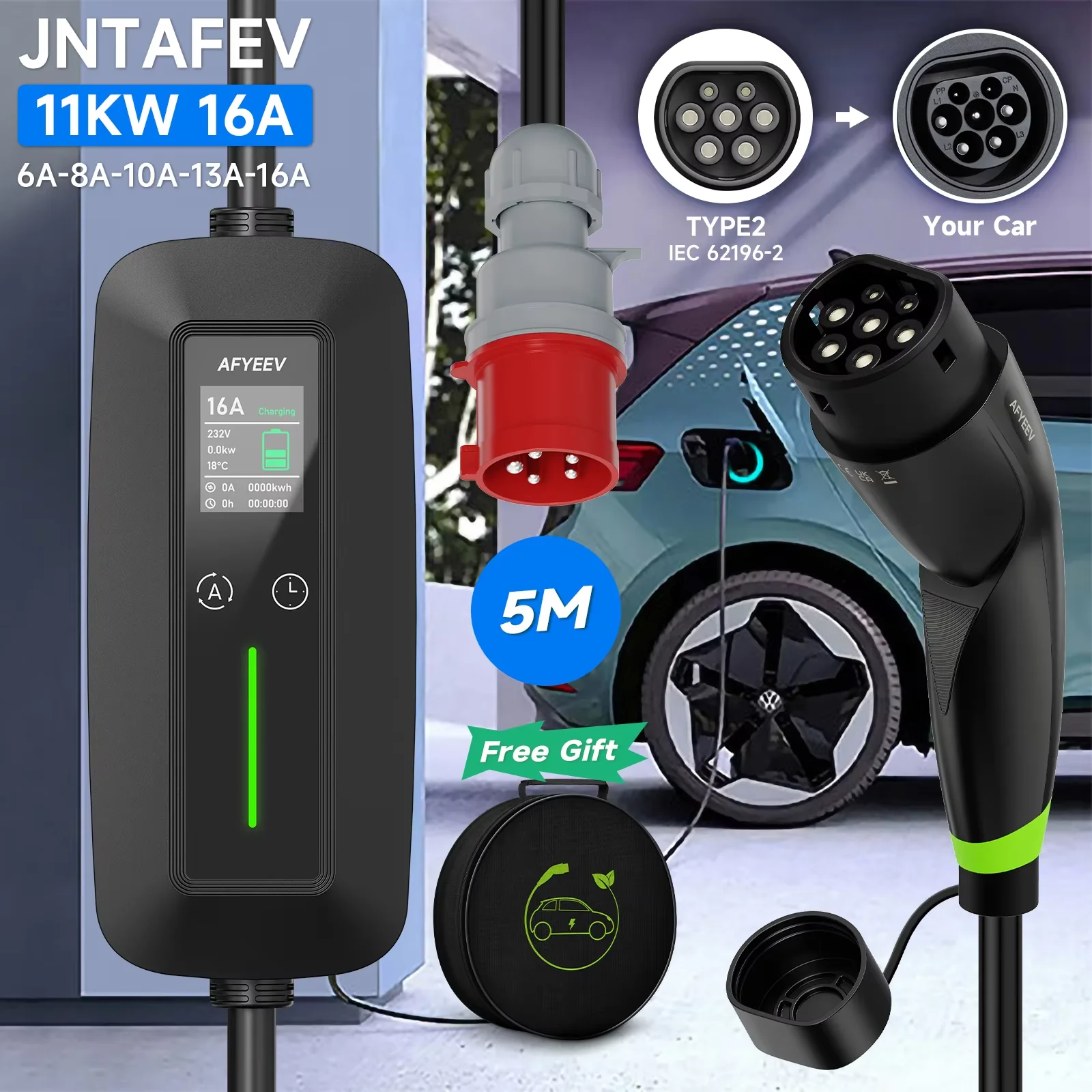 

JNTAFEV Type 2 EV Charge 11 кВт 16A 3-фазный кабель для быстрой зарядки для электромобиля Домашнее зарядное устройство Автомобильные аксессуары