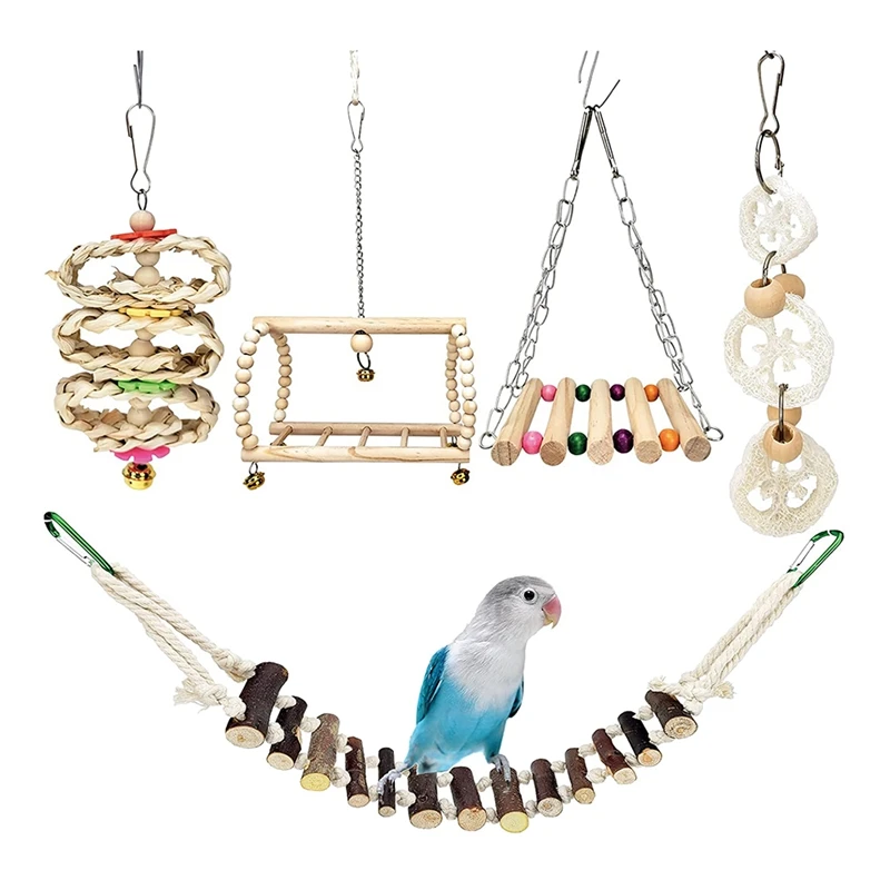 Bird Parrot Toys 5Pcs,Wood Ladder Chewing Cockatiel Toys,For Parrot Birds,Budgerigars,Bird Cage Accessories Decoration Retail