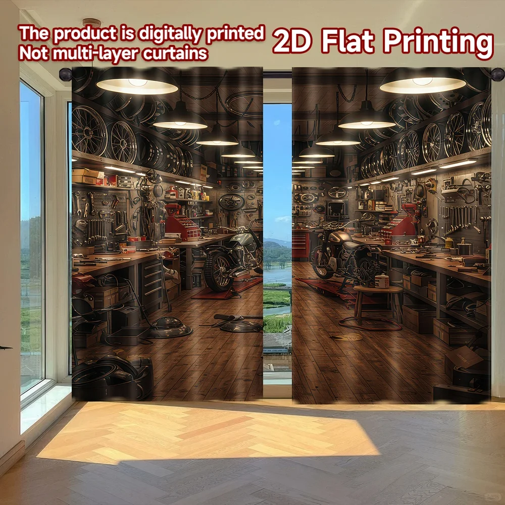 

2D flat printing 2pcs Window Drapes Rustic Motorcycle Workshop Digital Printed Polyester Drapes Seasonal Party & Holiday Decor