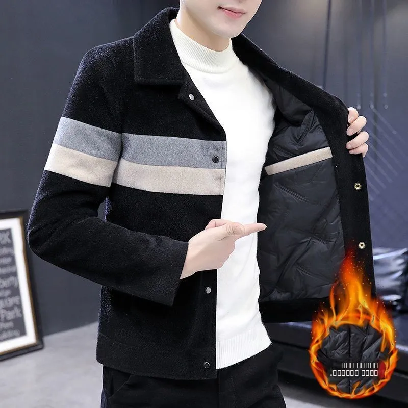 

Men's ort Casual Thiened Warm Faionable Korean Sle Jaet Autumn Winter Flipped Collar Gold Mink Velvet Coat Polyeste...