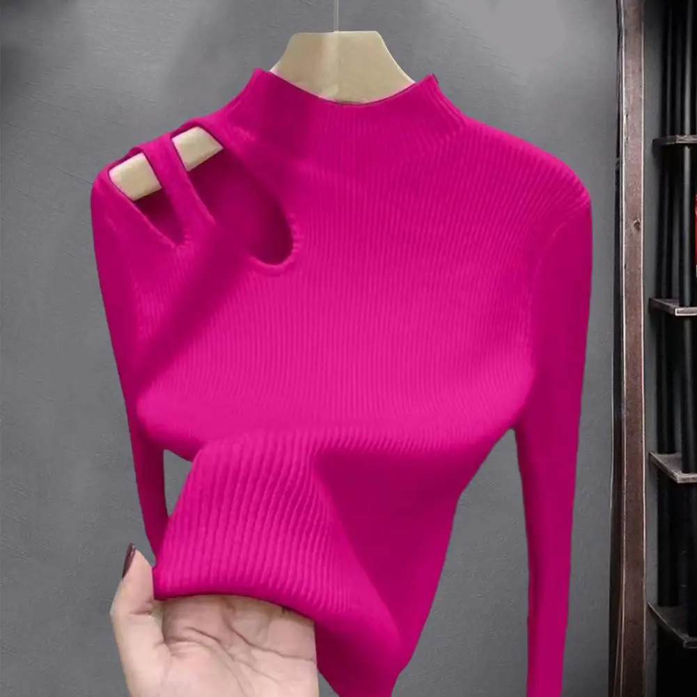 Women Top Soft Stretchy T-shirt Cozy Knitted Sweater for Women Stylish Half-high Collar Pullover with Hollow Out for Ladies