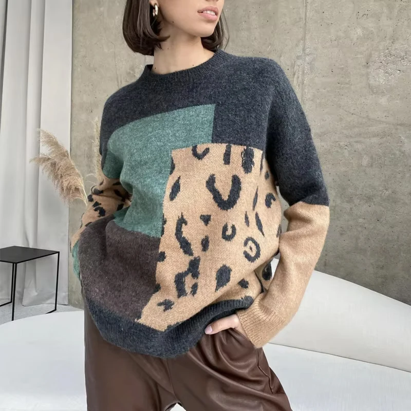 BKQU Print Loose Soft Cashmere Knitted Pullover Women Elegant O-neck Long Sleeve Patchwork Sweater Autumn Winter Thick Knitwear