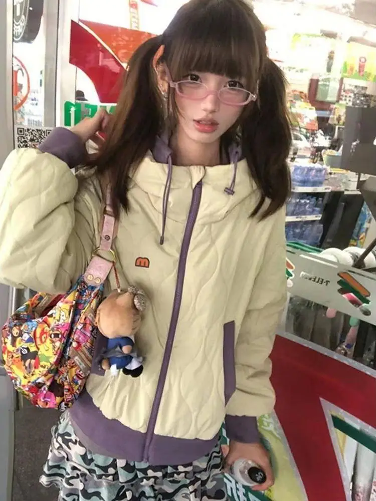 

Retro American Color Blo Gourd aped Hooded Cotton Jaet Women's Small Size Winter Warm Casual Cotton Clothes Trendy