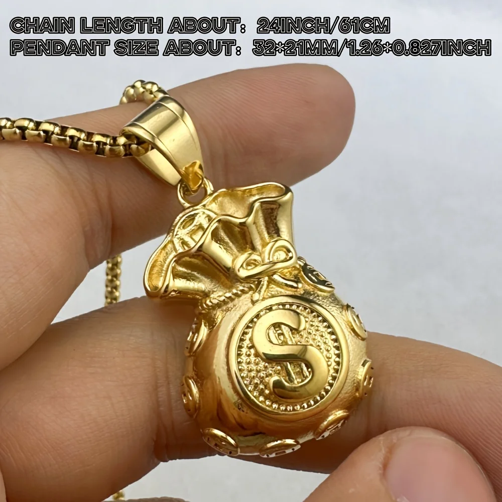 Money Bag US Dollar Sign Pendant Necklace,316L Stainless Steel Gold Color Vintage Hip‑hop Wealth Jewelry for Men