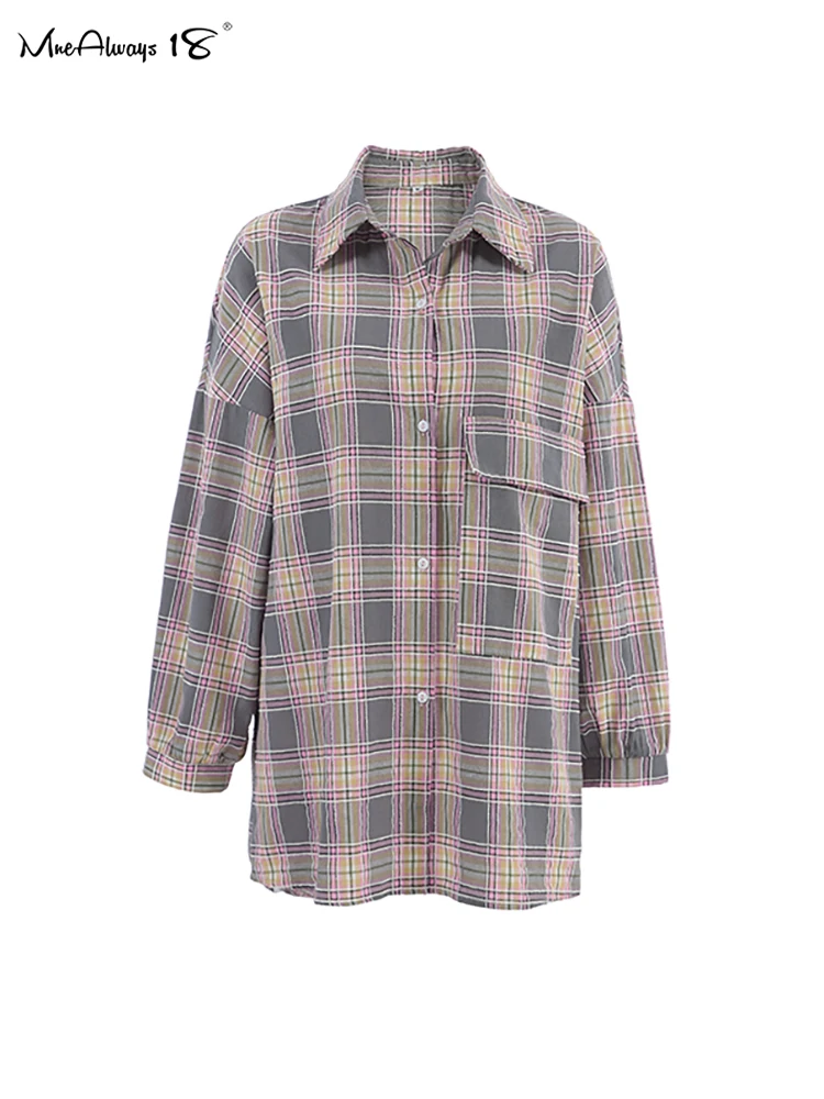 Mnealways18 Cotton Gingham Women Brightly Oversize Shirts Turn Down Collar Thin Casual Plaid Blouses And Tops Spring 2024 Female