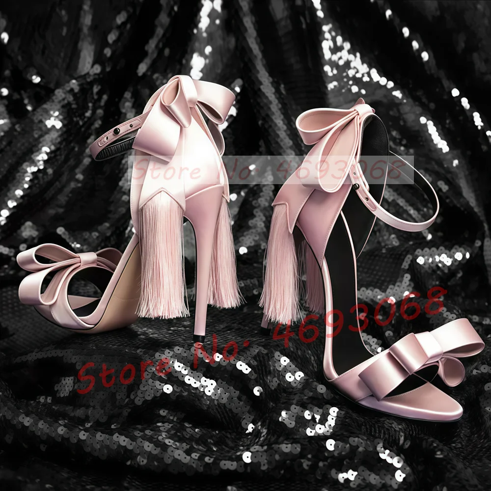 

Pink Double Bow Fringes Satin Sandals Women Cover Heel Thin High Heel Party Shoes Luxury Open Toe Summer Ankle Strap Silk Shoes
