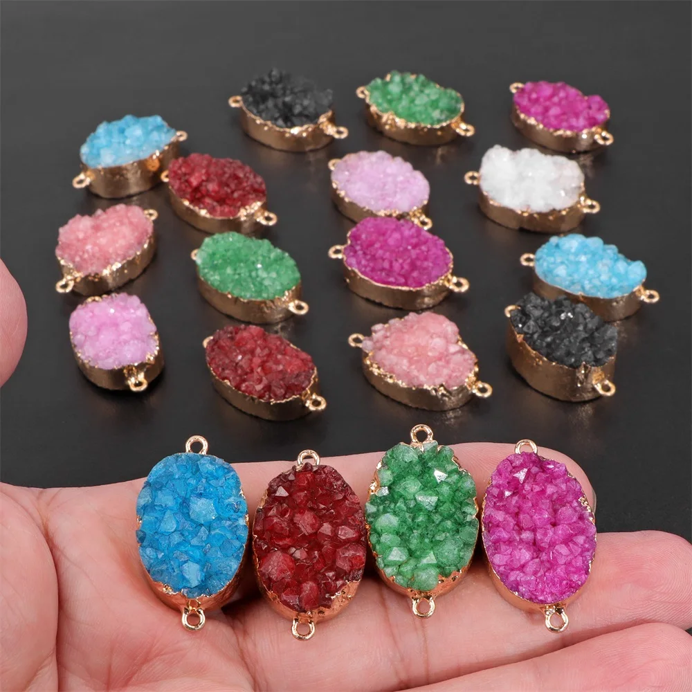 Healing 2 Holes Resin Druzy Crystal Connectors Oval Raw Natural Agates Stone Quartz Connector Charms for Jewelry Making DIY