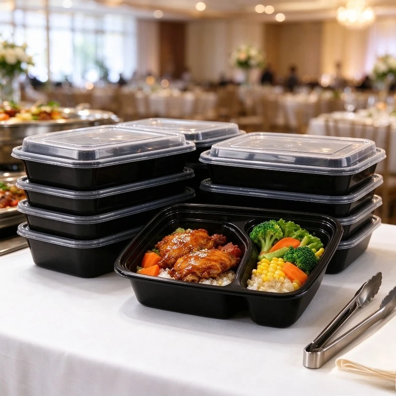 10Sets Black Disposable 2 Compartment Food Containers Lunch Boxes with Clear Lids Leakproof Stackable Takeaway Meal Prep Boxes