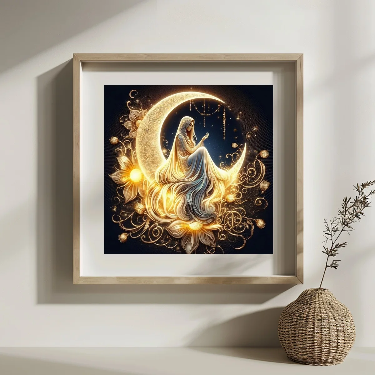 1 Stück 30x30 cm/11,8 Zoll, 11Ct/14Ct Kreuzstich-Set, DIY Valentinstagsgeschenk, Stickerei-Set für Festlichkeiten, Goldener Mond, Frau, Sterne – Detail 2