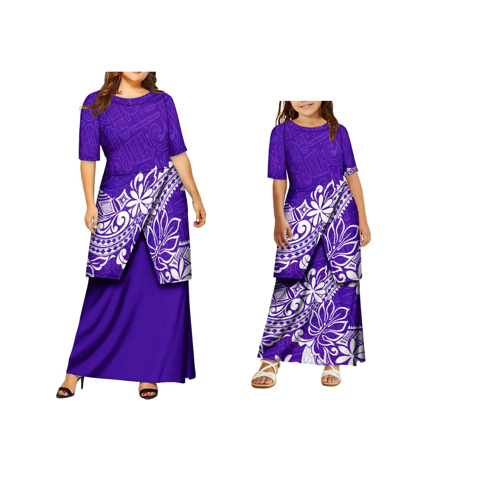 Nova chegada polyneisan tribal senhoras tripulação pescoço mãe e filha vestido personalizado puletasi samoan vestido duas peças conjunto vestido