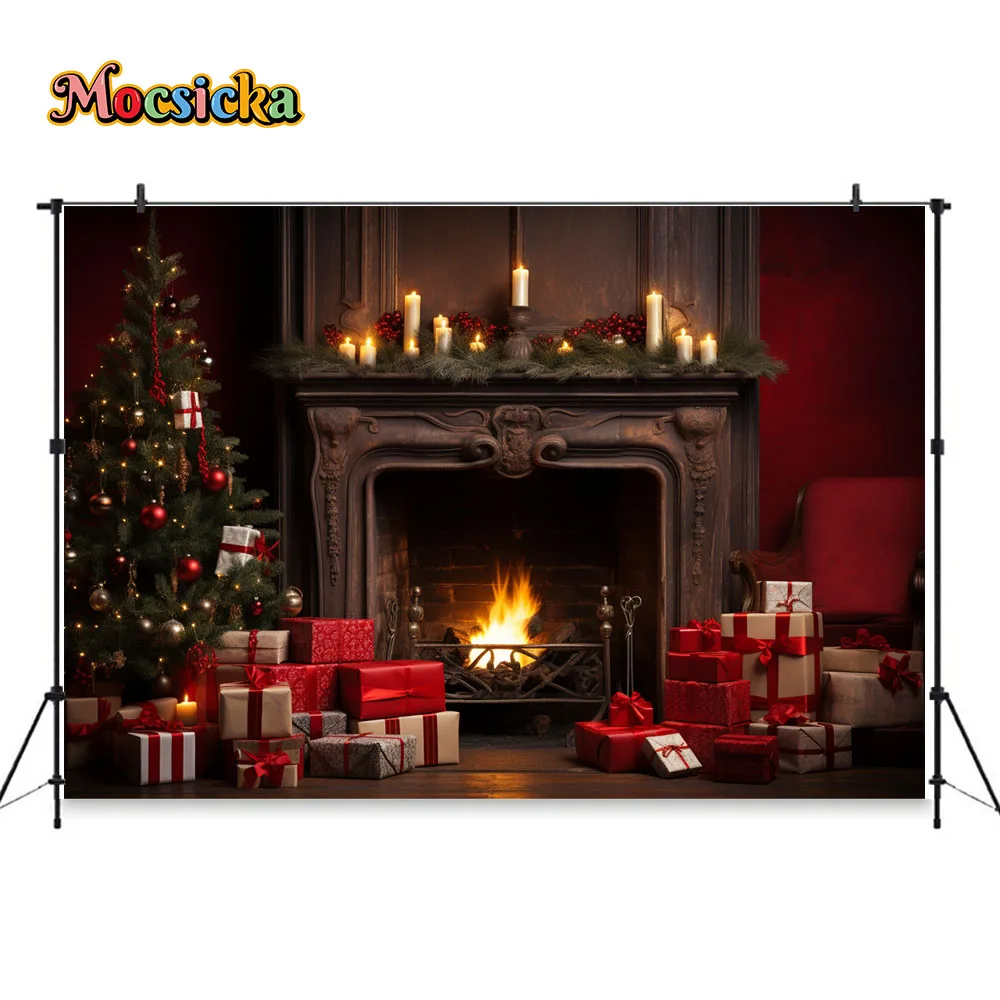 Christmas Fireplace Red Wall Photography Studio Backdrop Xmas Tree Wreath Gift Decor Background Family Portrait Photobooth Props