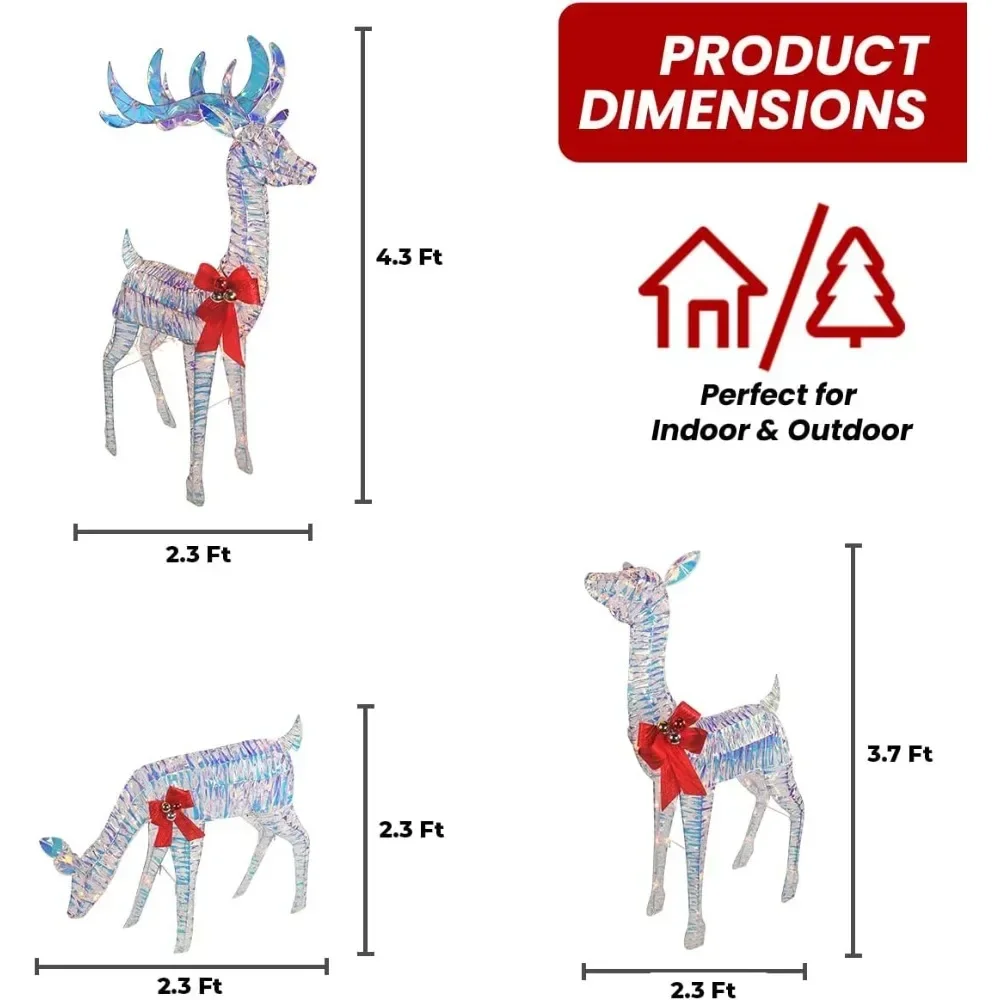 3-piece Rainbow Reindeer Set, 210 Lights, 52 Inches Buck, 44 Inches Doi, 28 Inches Deer - Indoor or Outdoor Christmas Decoration