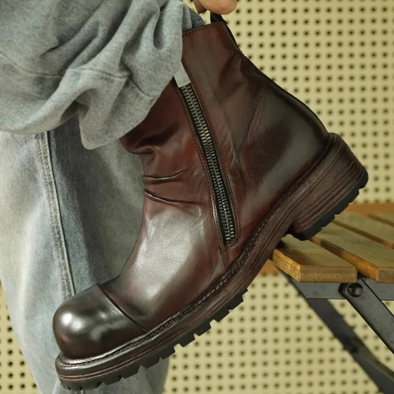 Botas Chelsea hechas a mano de cuero genuino Retro británico, zapatos de hombre, botines informales para trabajo de motocicleta, suela gruesa para hombre, negro y marrón