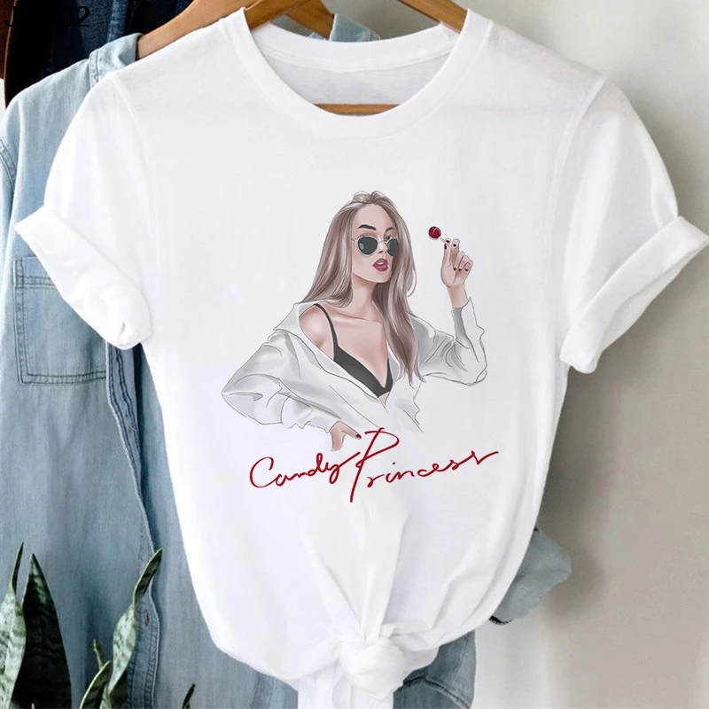 White Women\'s Clothing T-shirt Fashion Blowing Bubble Girl Print Ladies Tshirt Summer Harajuku Short-sleeved Tops Womans T Shirt