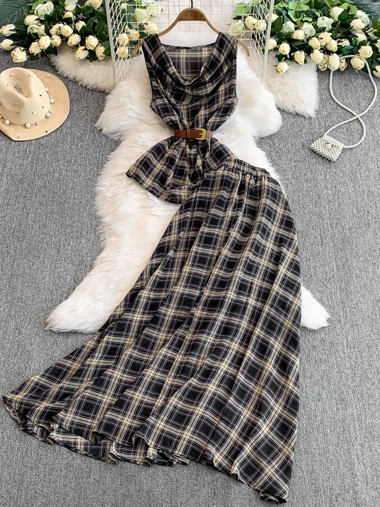 

High end Temperament Vintage Plaid Women Summer 2 Pieces Set Sexy Swinging Collar Tank Tops and High Waist Long Skirts
