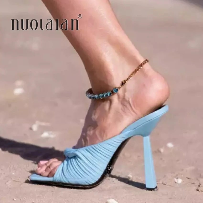 2023 Spring New Brand Women Slipper Fashion Open Toe Slip On Ladies Mules Thin High Heel Sandals