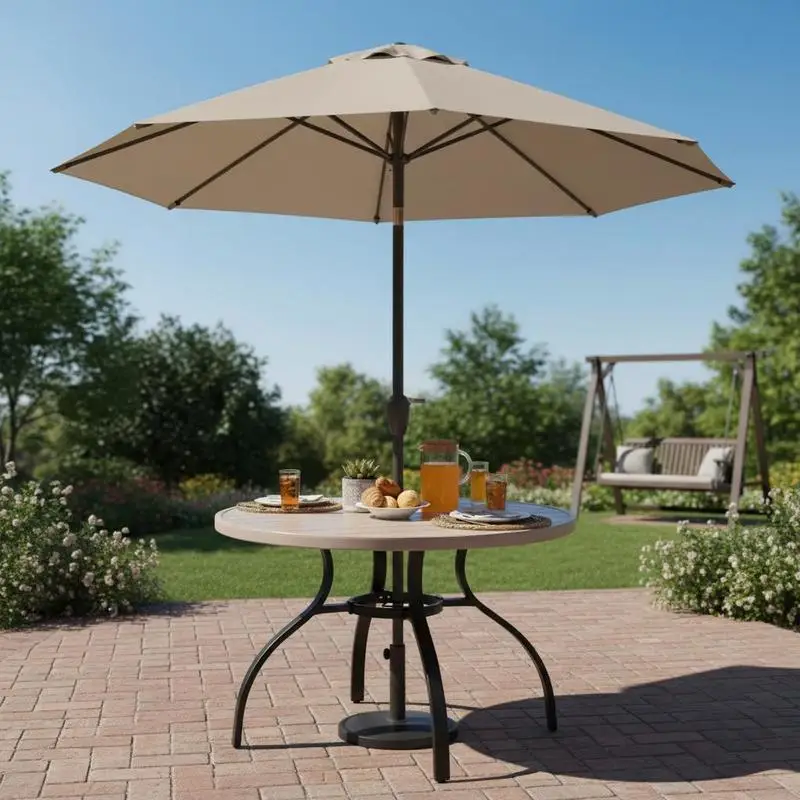 Exterior Terrace Meal Surface 41-inch Circular Timber-Grain Metal Lath Garden Veranda Beverage Desk Quartet Seating Capacity 1.5-inch Parasol Aperture All-Season Lawn Courtyard Furniture Gray Noun Selection