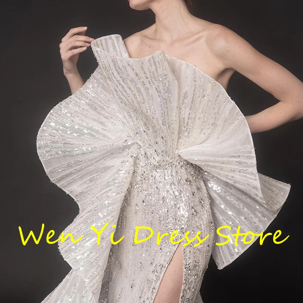 Customized Dreamy and Sparkly Sequined with Crystal Evening Dress Sexy Strapless Side Slit Sleeveless فساتين سهره نسائيه فخمة