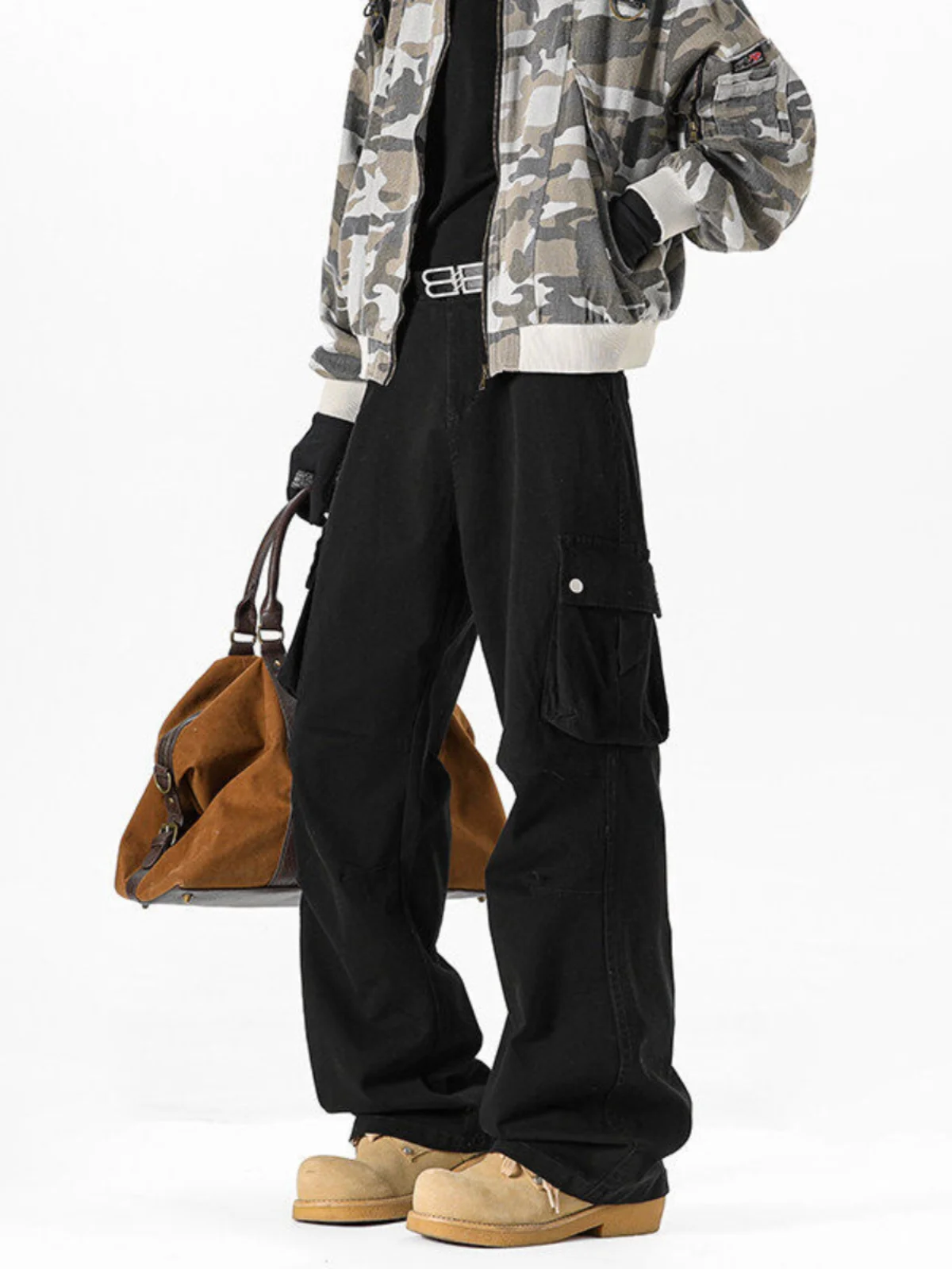 

American Sle Bla Retro Paratrooper Pants Men's Spring Autumn Pleated Drapey Straight Leg Workwear Wide Leg Casual Trousers