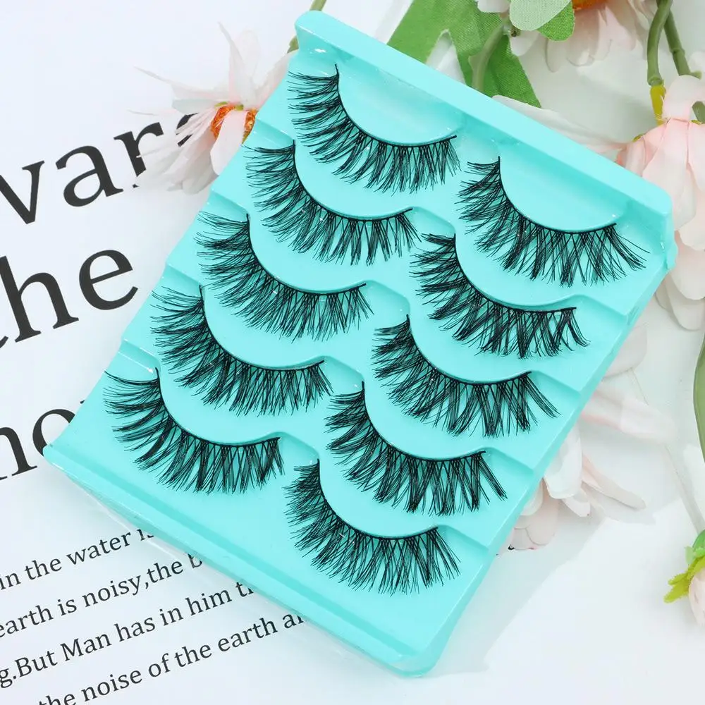 5 Paar lange, kreuzförmige, dicke, weiche, handgefertigte, schwarze falsche Wimpern, Wimpernverlängerung