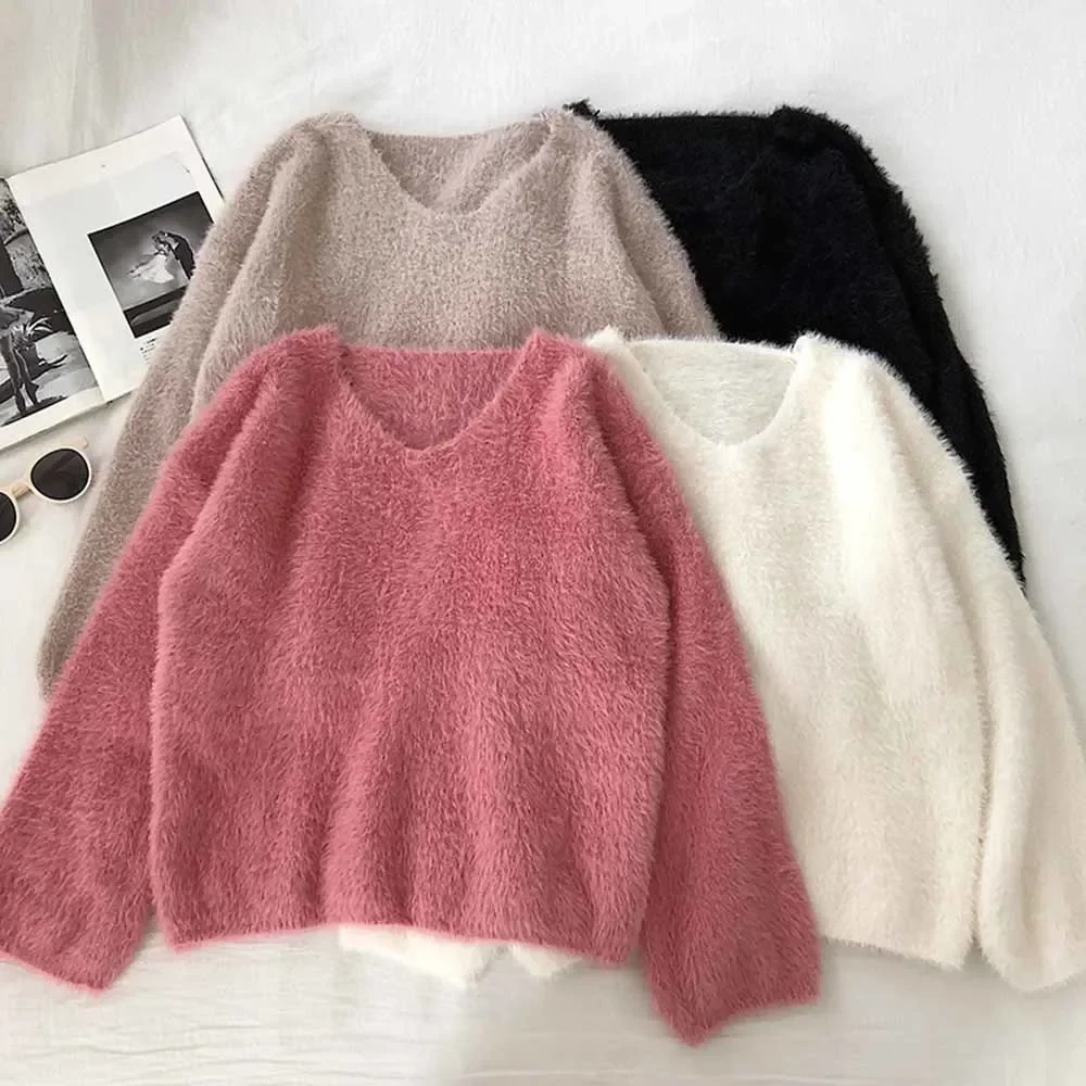 

Autumn Winter 2023Women's Loose V-neck Mohair Sweater Knitted Pullovers Sweater Lantern Sleeve Thick Keep Warm