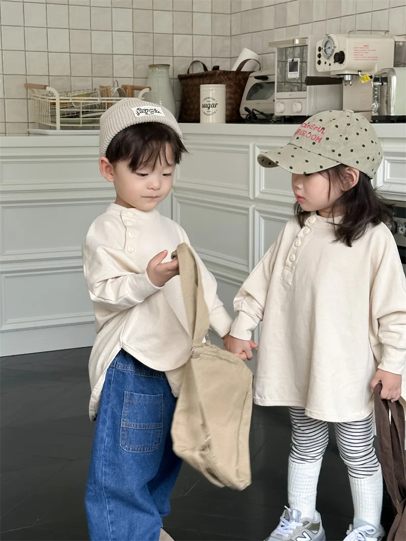 T-Shirts Spring Autumn New Children Japanese  Loose Fitting T-shirt Boys Girls Solid Color Long Sleeved Tops 2024 Simple