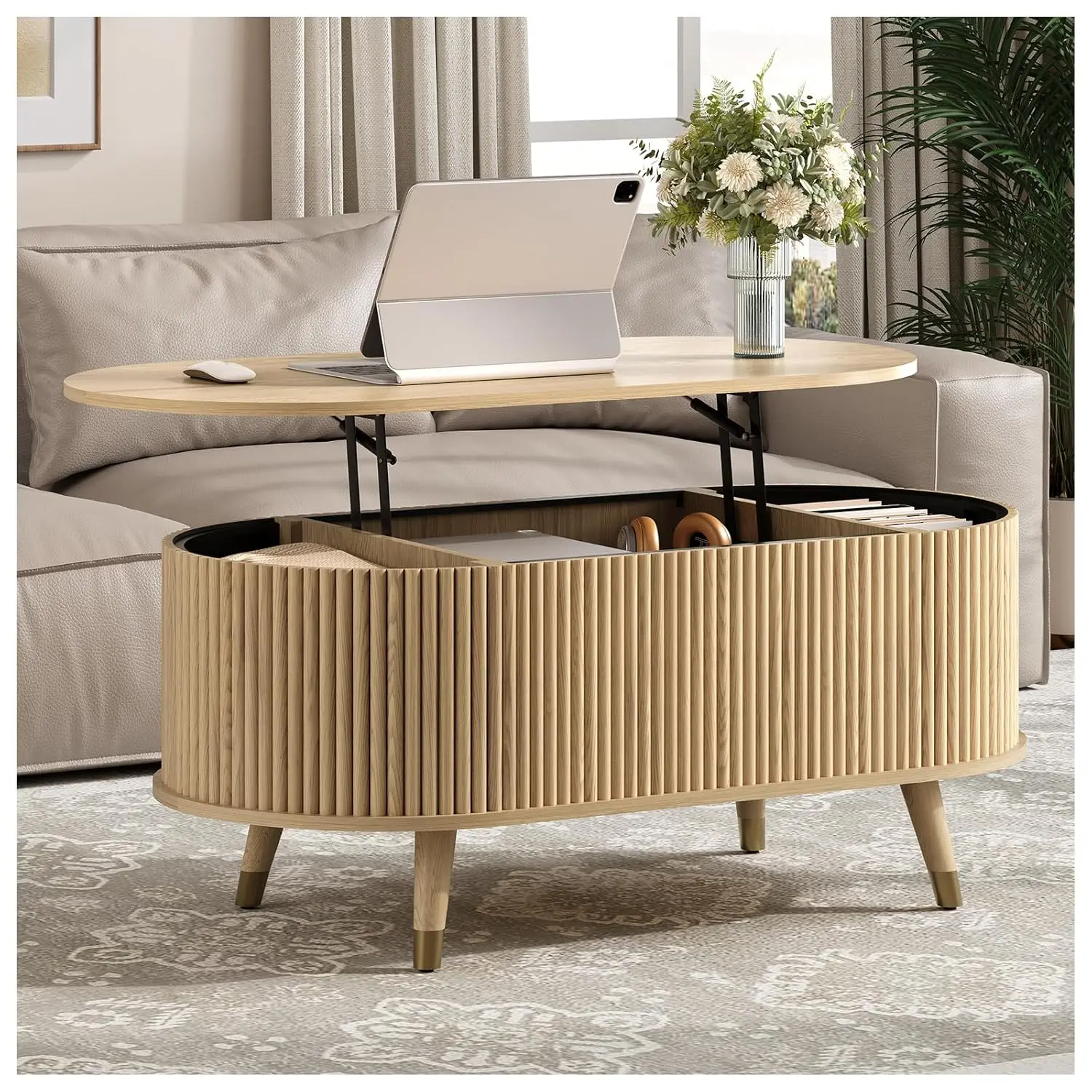 

Oval Lift Top Coffee Table with Storage, 42.5” Fluted Coffee Table with Lifting Top & Solid Wood Legs, Mid Century, Customized