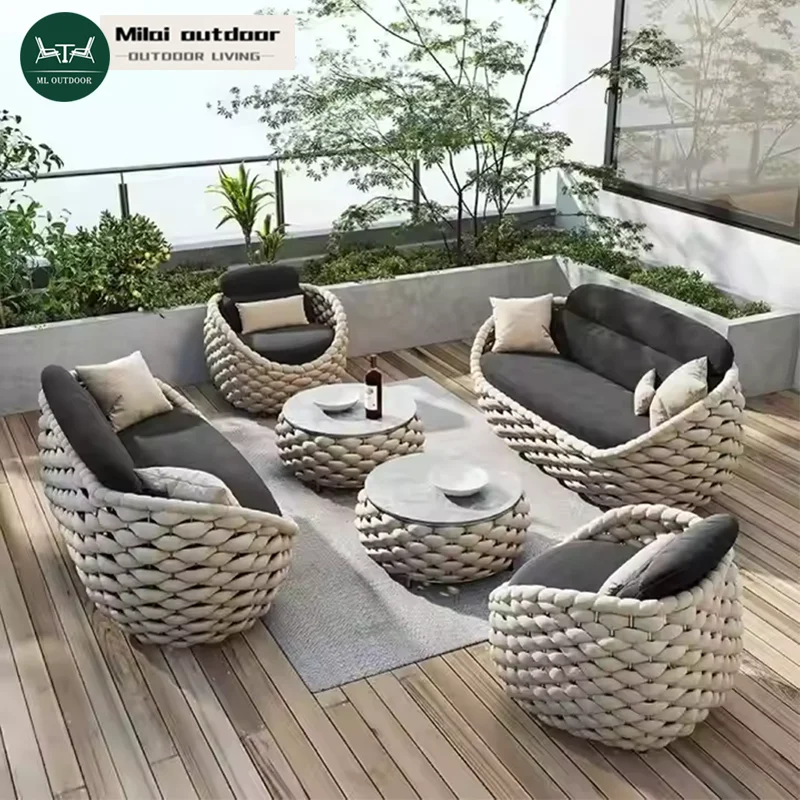 الحديثة في الهواء الطلق حديقة الترفيه حبل طقم أريكة فندق شرفة فناء المنسوجة يدويا مقاعد سبائك الألومنيوم