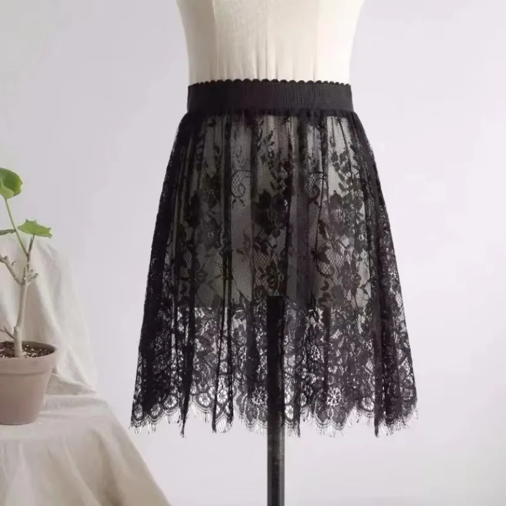 Fashion Transparent Sexy Lace Mesh Skirt 2 Length Lace Long Tulle Skirt Elegant Elastic High Waist Tulle Mini Skirts Ladies