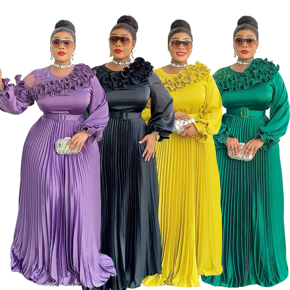 Mais novo vestido africano moda elegante de alta qualidade rico festa à noite 3d vestido floral mangas compridas maxi vestidos robe para mulher