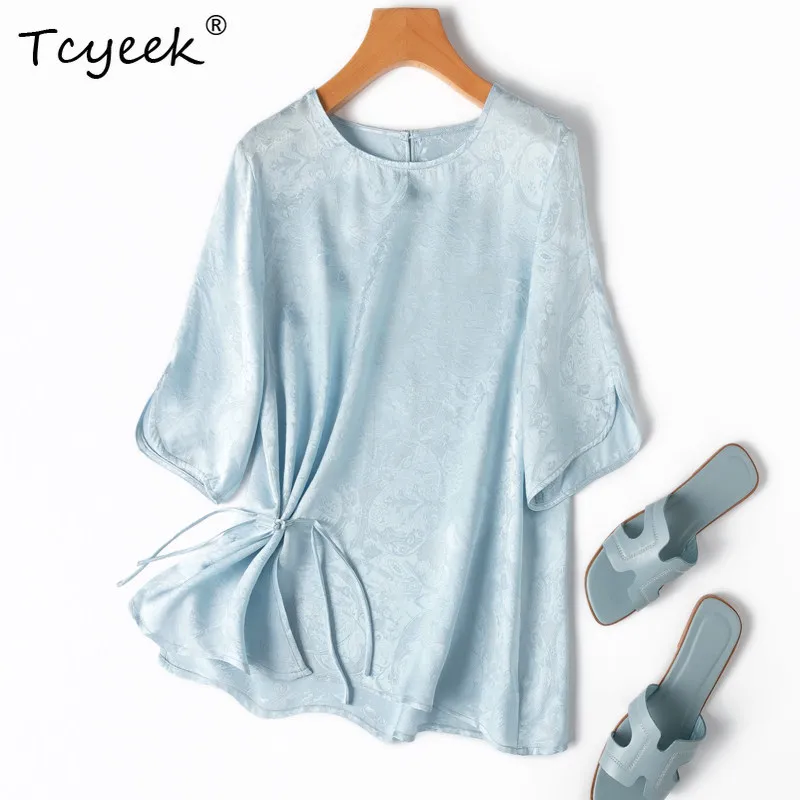 

Tcyeek 20MM 100% шелковые элегантные футболки из тутового шелка для женщин, летние футболки с коротким рукавом, модные женские топы, футболка женская