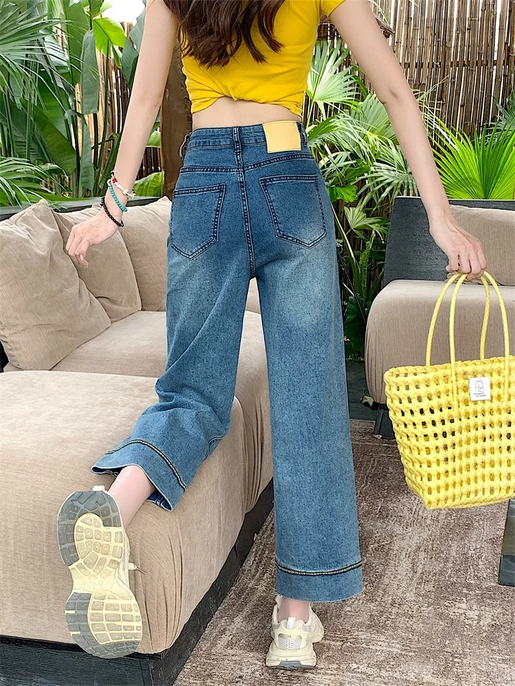 

Blue Elastic plus Size High Waist Straight Leg Jeans Women's Spring Thin Loose Wide Leg Pants Casual Pure Color Nine Points