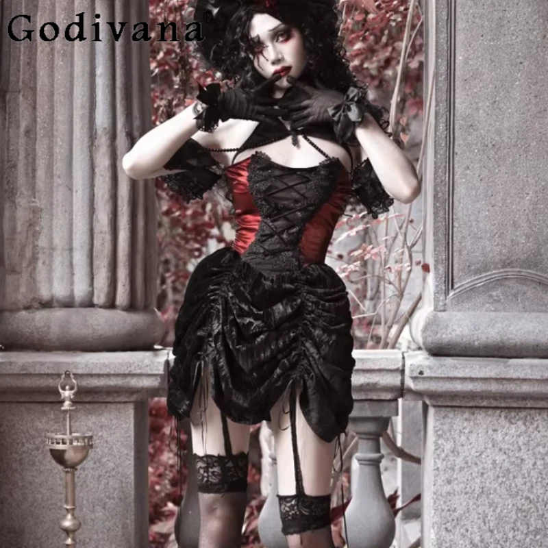 Spring Autumn Gothic Heavy Industry Black Red Court Lace-up Drawstring Dress Fashion Personality Girl High Waist A-line Dresses