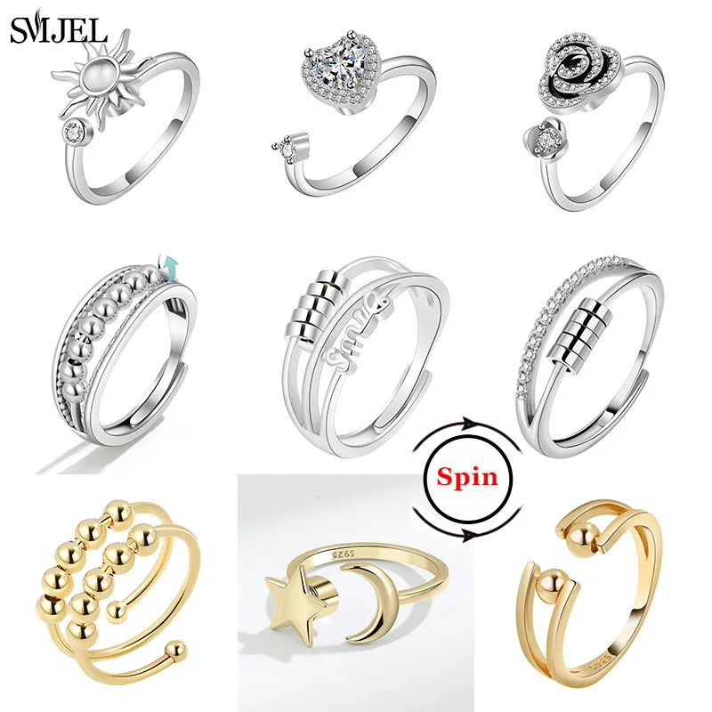 2024 New Anxiety Rings for Women Rotate Freely Beads Spinner Spiral Fidget Ring Anti Stress Toy Accessories Girls Best Gifts