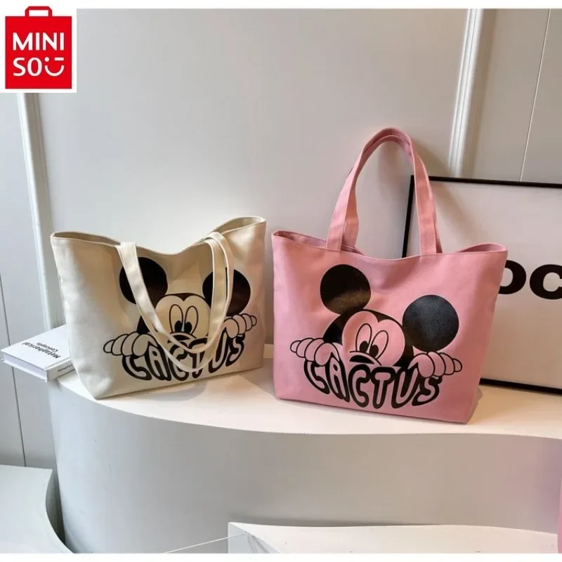 MINISO   Disney high-quality canvas carrying crossbody bag for women, cute cartoon Mickey, large capacity storage tote bag