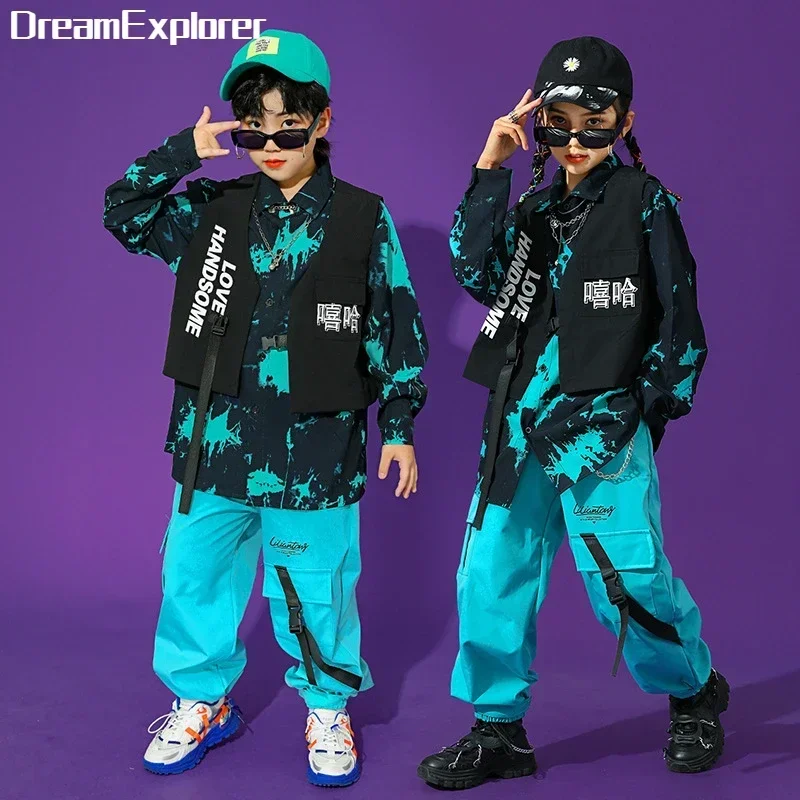 Boys Street Dance Long Sleeve Printed Shirt Vest Joggers Girls Hip Hop Blouse Child Cargo Pants Clothes Set Kids Jazz Streetwear