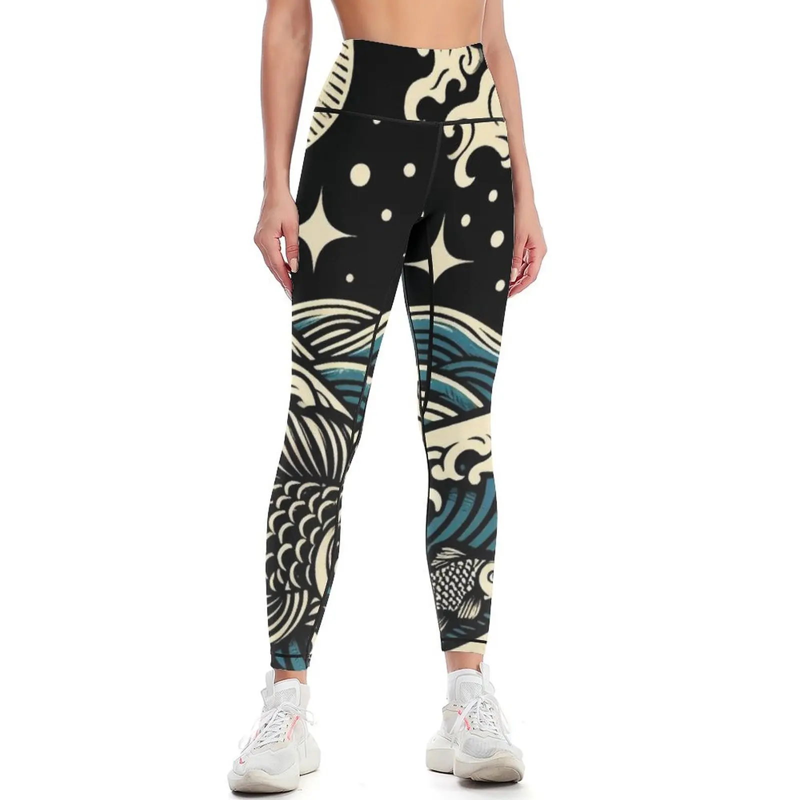 

Japanes Woodblock of Wave And Fish Leggings Jogger pants workout shorts Tight fitting woman Womens Leggings