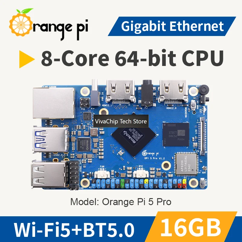 VivaChip TechOrange Pi 5 Pro 16GB RAM RK3588S Mini PC LPDDR5 WiFi Bluetooth BLE Development Board, Run Orangepi OS/Ubuntu/Debian