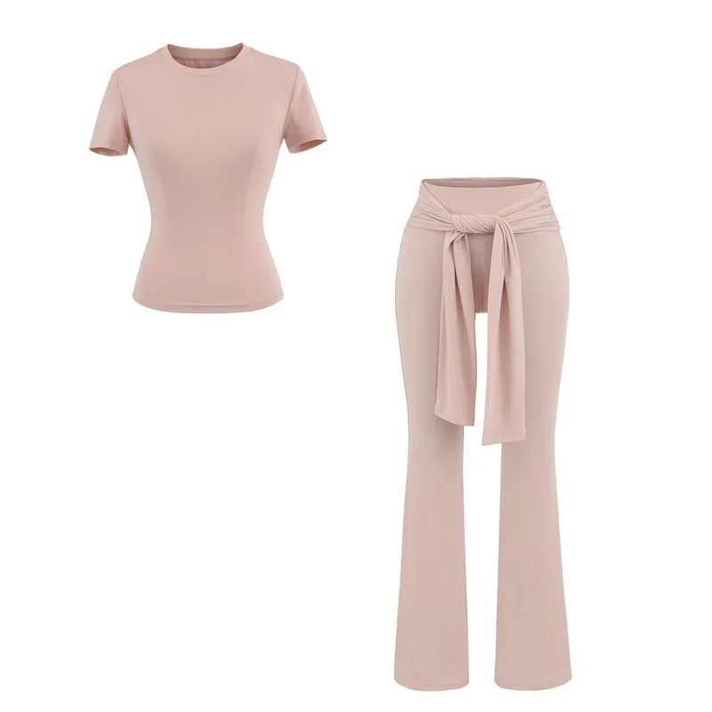 

Women Sports Slim Fitting Suit Summer Short Sleeved T Shirt And Hip Hugging High Waisted Elastic Micro Flare Pants With Straps