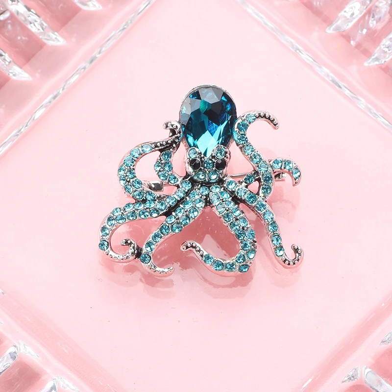 Blue Rhinestones Octopus Brooches Pins For Women Men Cute Sea Animal Crystal Jewelry Accesseries Gift Octopus Enamel Pin