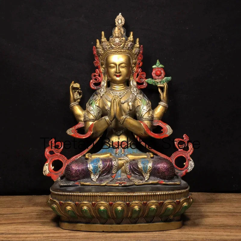 

29cm Tibetan Brass Gilded Gold Painted Face Four Arm Avalokitesvara Tara Statue